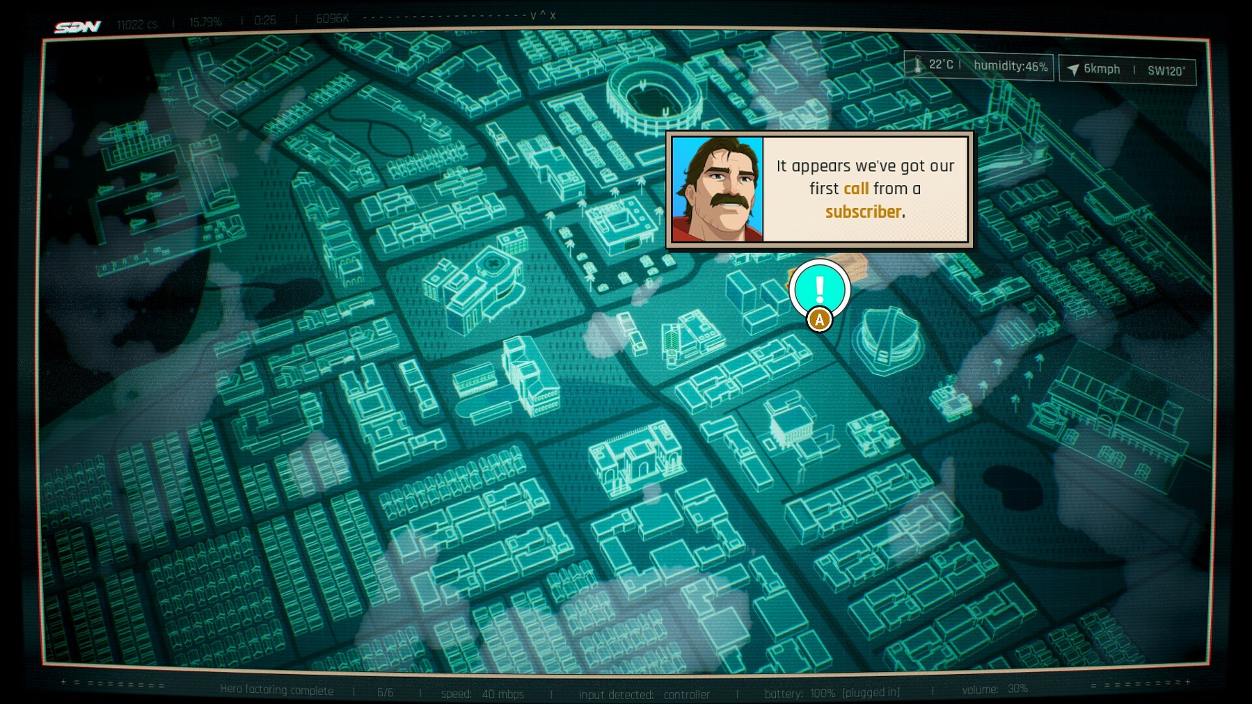 An overlay of a downtown city area. A textbox with a portrait of Phenomaman reads: It appears we've got our first call from a subscriber.