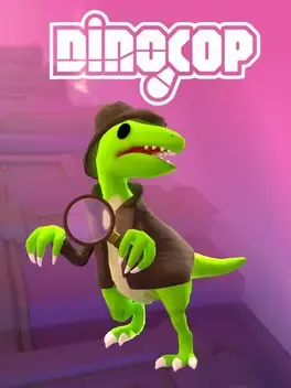 Dinocop promotional banner, featuring a 3D cartoon raptor in classic detective attire (a brown jacket and hat, and holding a magnifying glass).