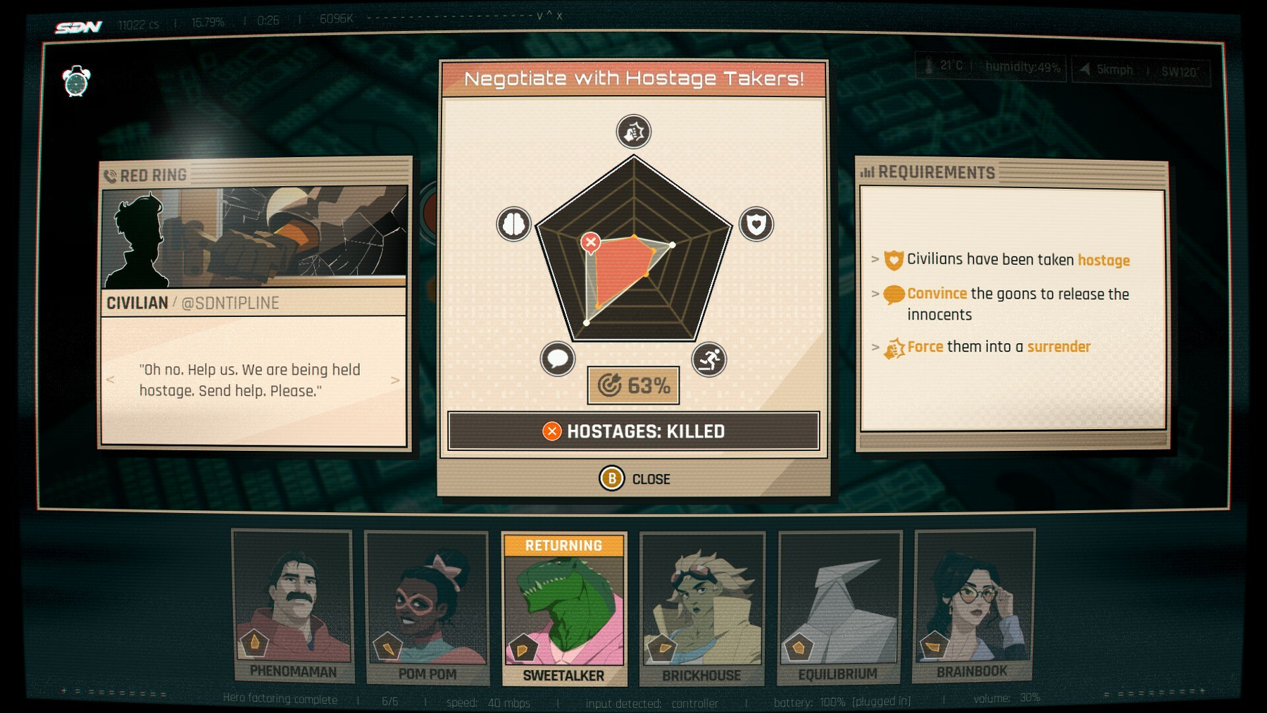 A screenshot of Dispatch's mid-shift gameplay, showing a call failed (hostages killed).