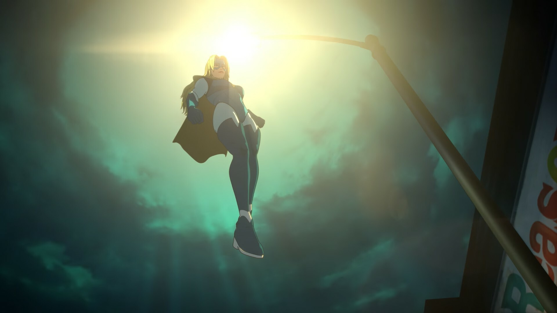 A female superhero, hovering in the air under a streetlight, viewed from below.