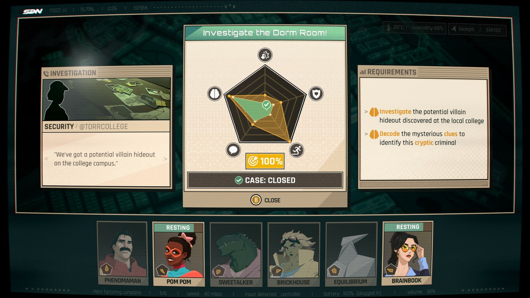 A screenshot of Dispatch's mid-shift gameplay, showing a call completed at 100% efficacy.