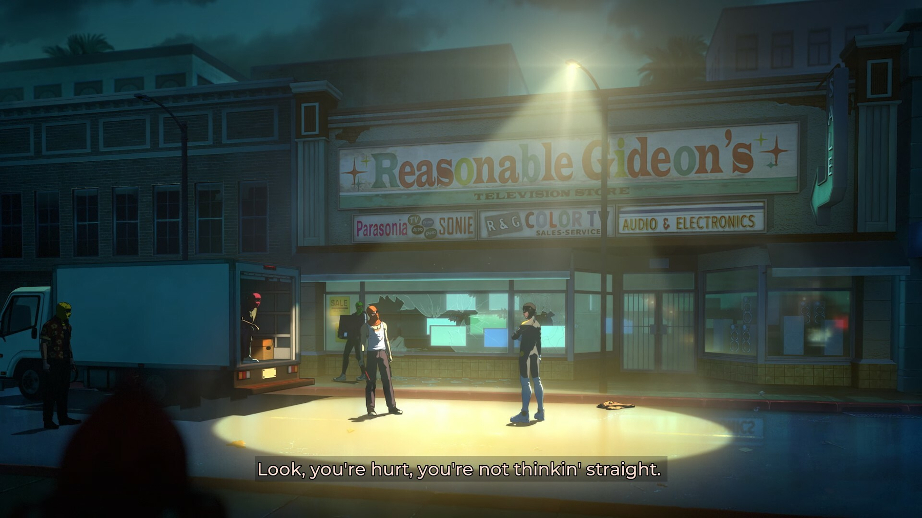 Two men in a standoff under a streetlight. Subtitle: Look, you're hurt, you're not thinkin' straight.