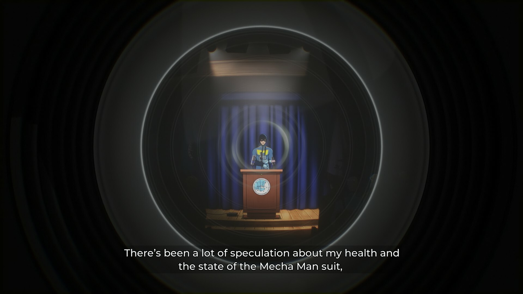 A superhero at the podium during a press conference, being viewed through the inside of a camera lens. Subtitle: There's been a lot of speculation about my health and the state of the Mecha Man suit,