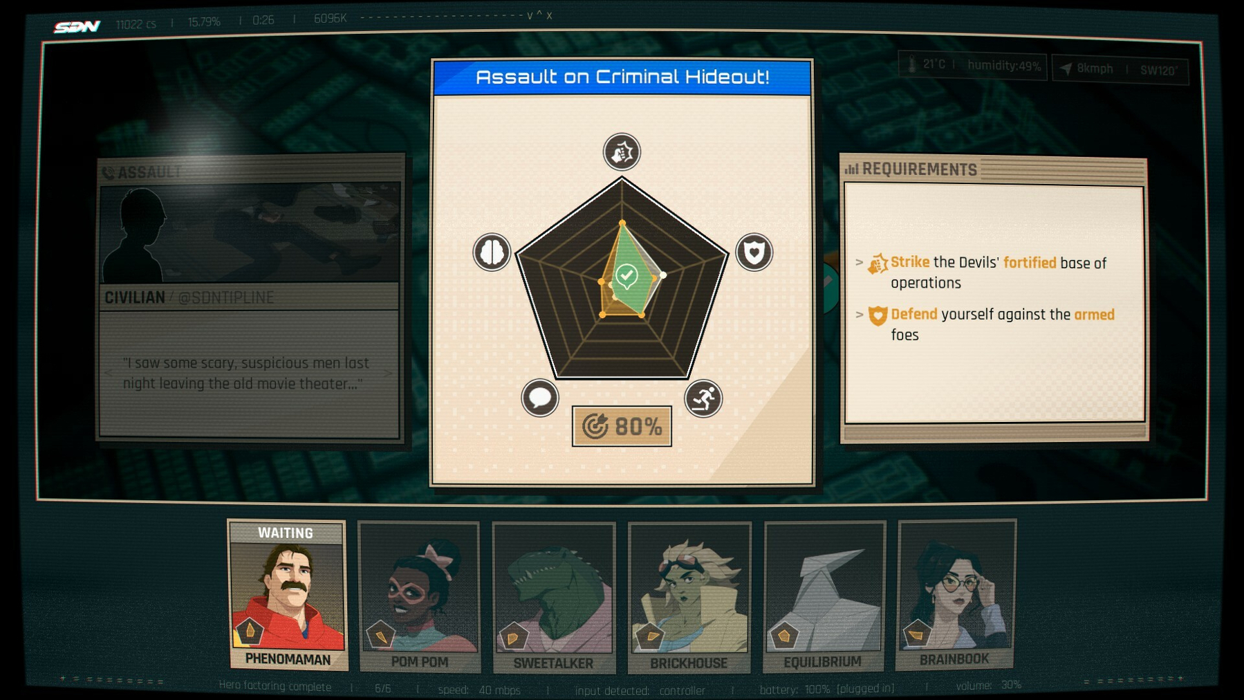 A screenshot of Dispatch's mid-shift gameplay, showing a call completed at 80% efficacy.